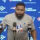 New England Patriots head coach Jerod Mayo at the postgame press conference after they lost 25-24 to the Indianapolis Colts to fall to 3-10 on the season.